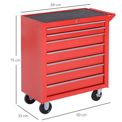 7-Drawer Tool Box on Wheels Tool Cabinet 150 Load with Lockable Swivel Castors, Red