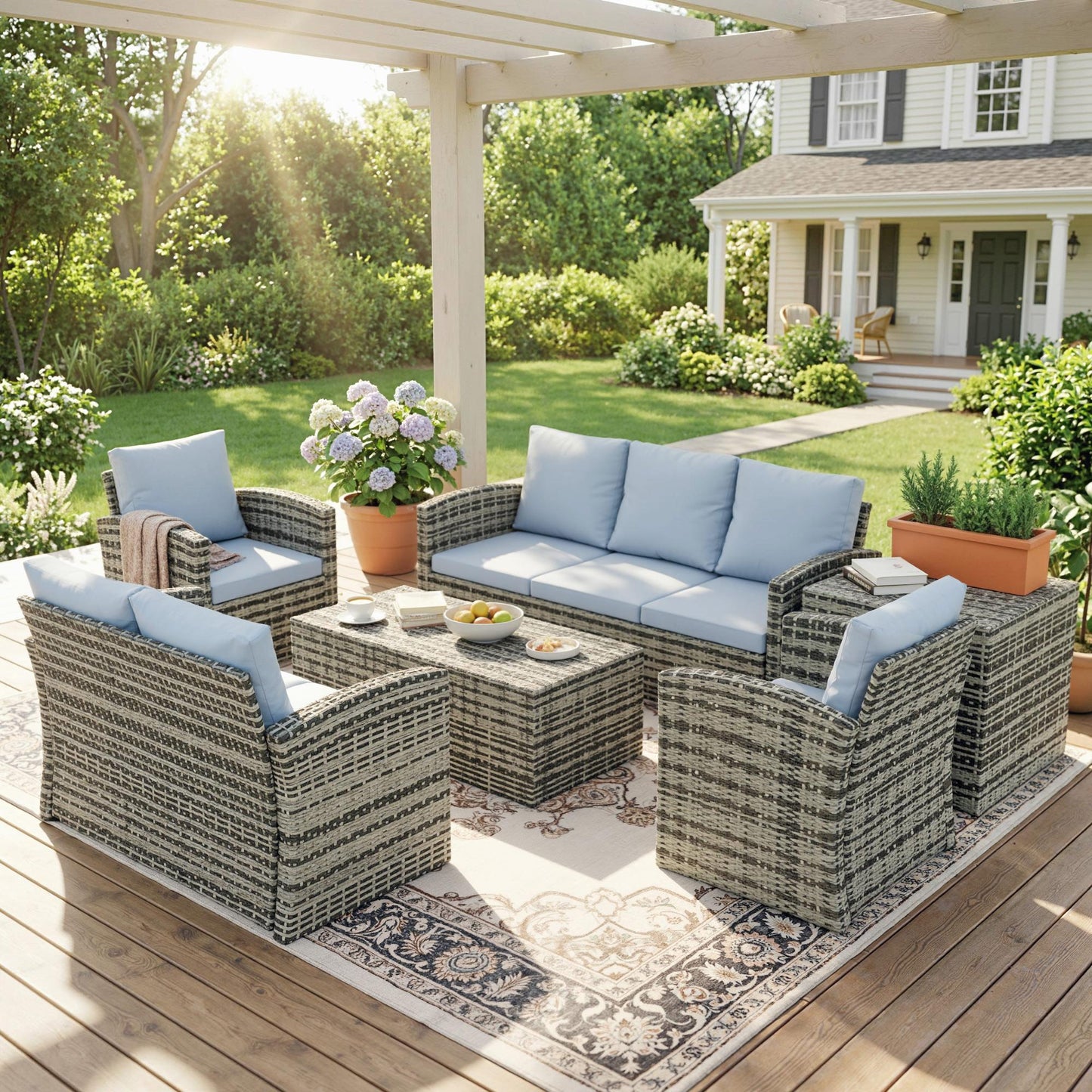 6 Pieces Rattan Garden Furniture Set, 7 Seater Wicker Outdoor Furniture Set with Storage Tea Table & Side Table