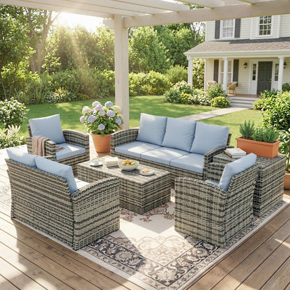 6 Pieces Rattan Garden Furniture Set, 7 Seater Wicker Outdoor Furniture Set with Storage Tea Table & Side Table