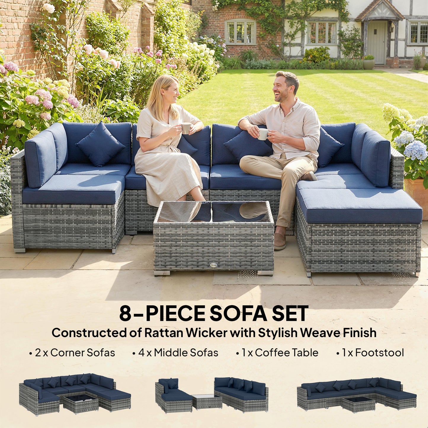 8 Pieces PE Rattan Corner Sofa Set, Outdoor Garden Furniture Set, Patio Wicker Sofa Seater with Cushion, Dark Blue