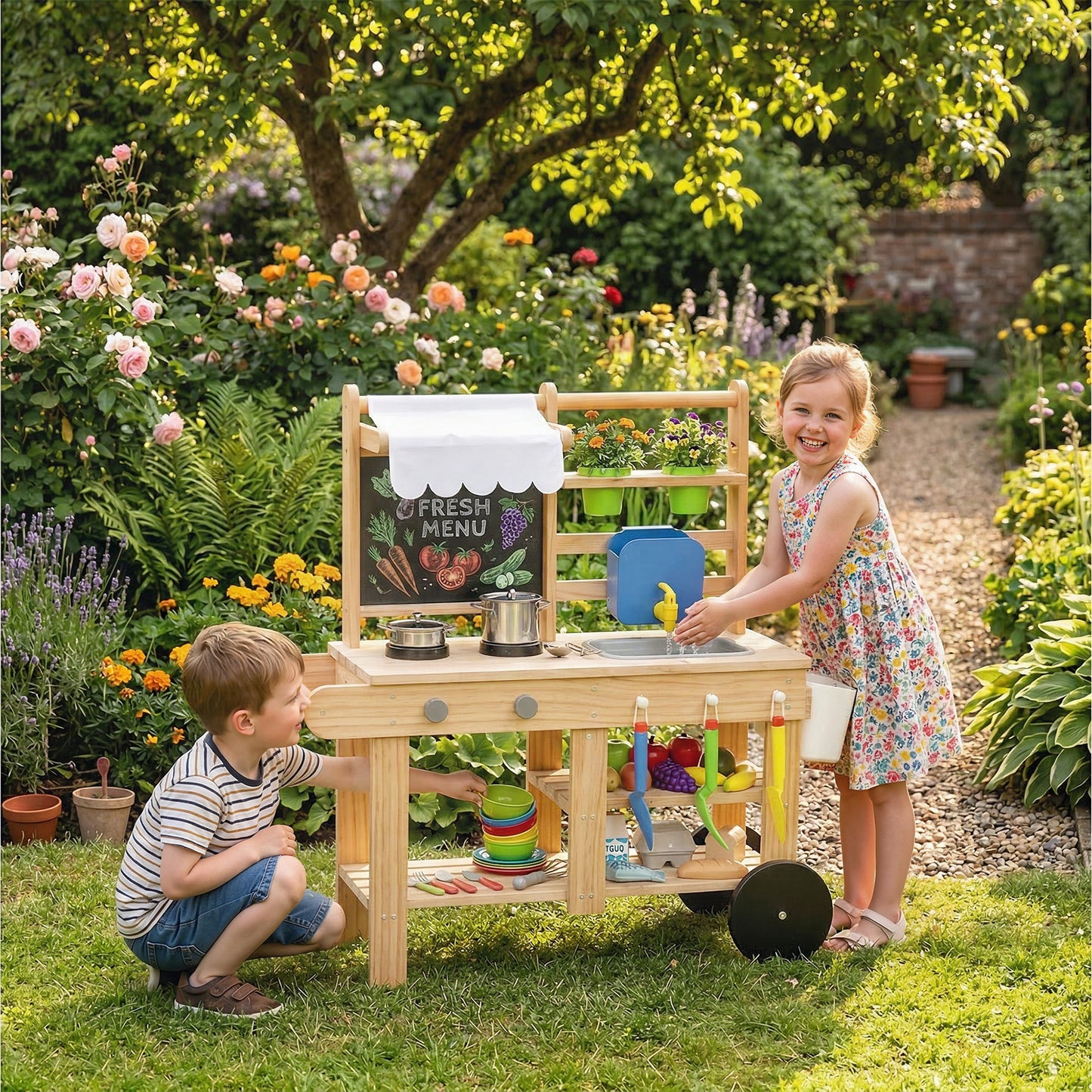 Mud Kitchen with Real Water Faucet Pretend Play Kitchen Playset with Sink and Storage Natural Wood