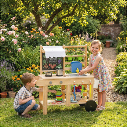 Mud Kitchen with Real Water Faucet Pretend Play Kitchen Playset with Sink and Storage Natural Wood