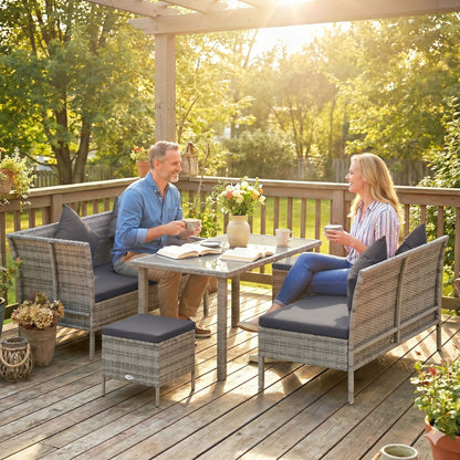 tsunny 6-Seater Rattan Dining Set Sofa Table Footstool Outdoor w/ Cushion Garden Furniture, Dark Grey