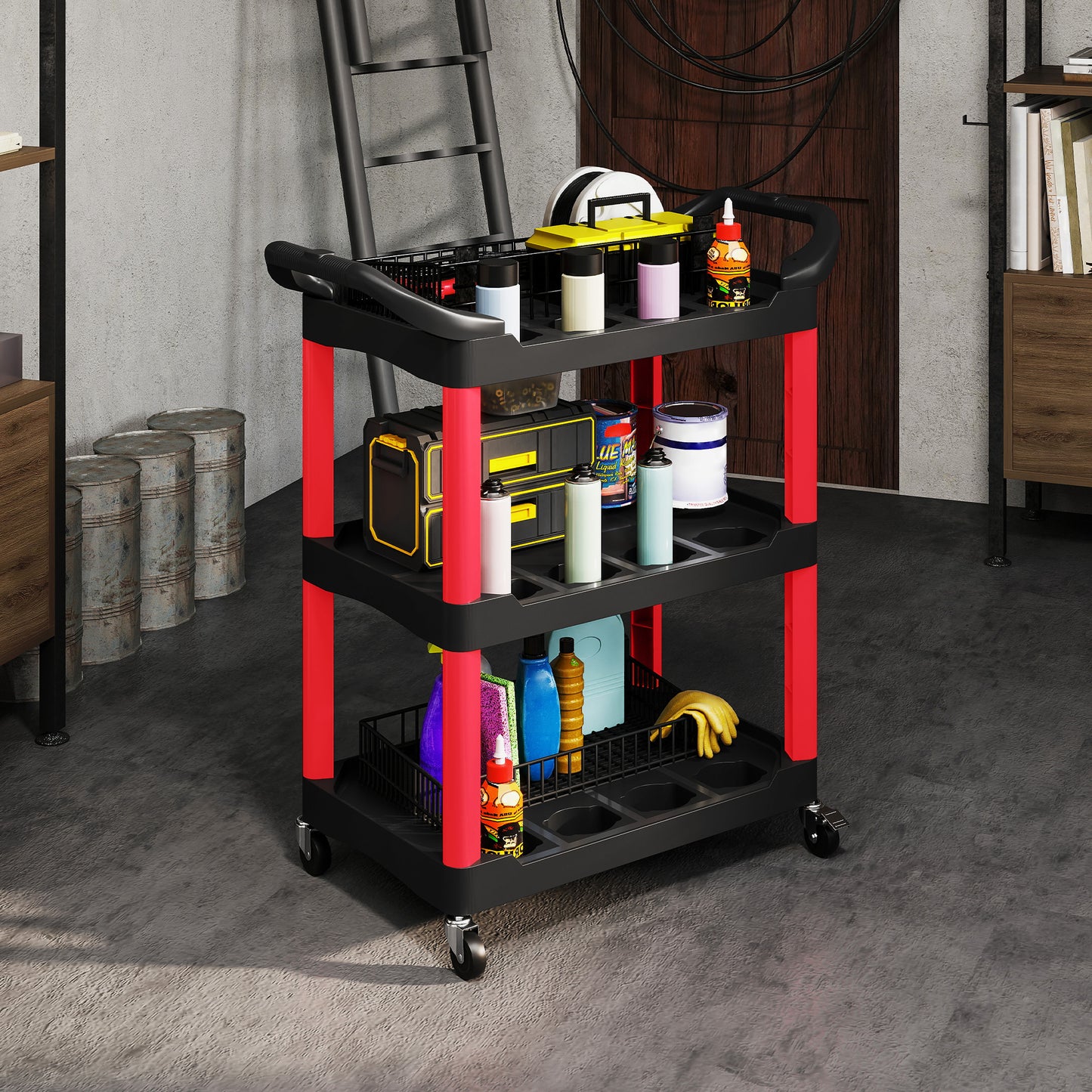 3-Tier Rolling Tool Cart, Tool Trolley on Wheels, Plastic Mobile Service Utility Cart with Handles for Garage