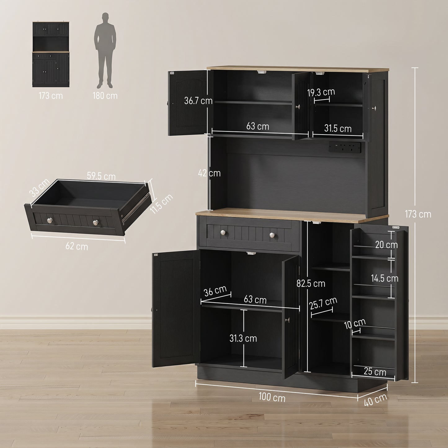173 cm Tall Kitchen Cupboard with Charging Station, Pantry Storage Cabinet with Adjustable Shelves and 4 Door Racks