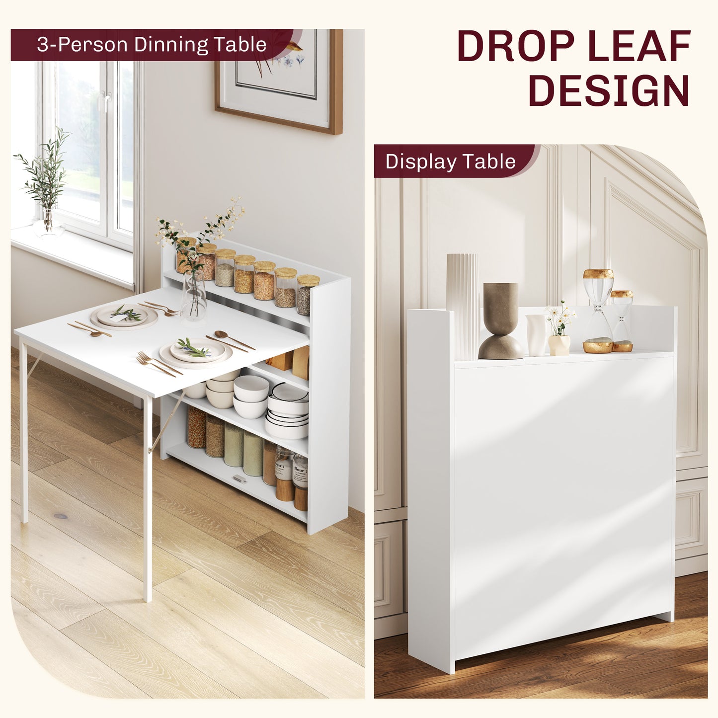 Kitchen Table, Folding Dining Table, with 4-Tier Shelves, Modern Drop-Leaf Table, White