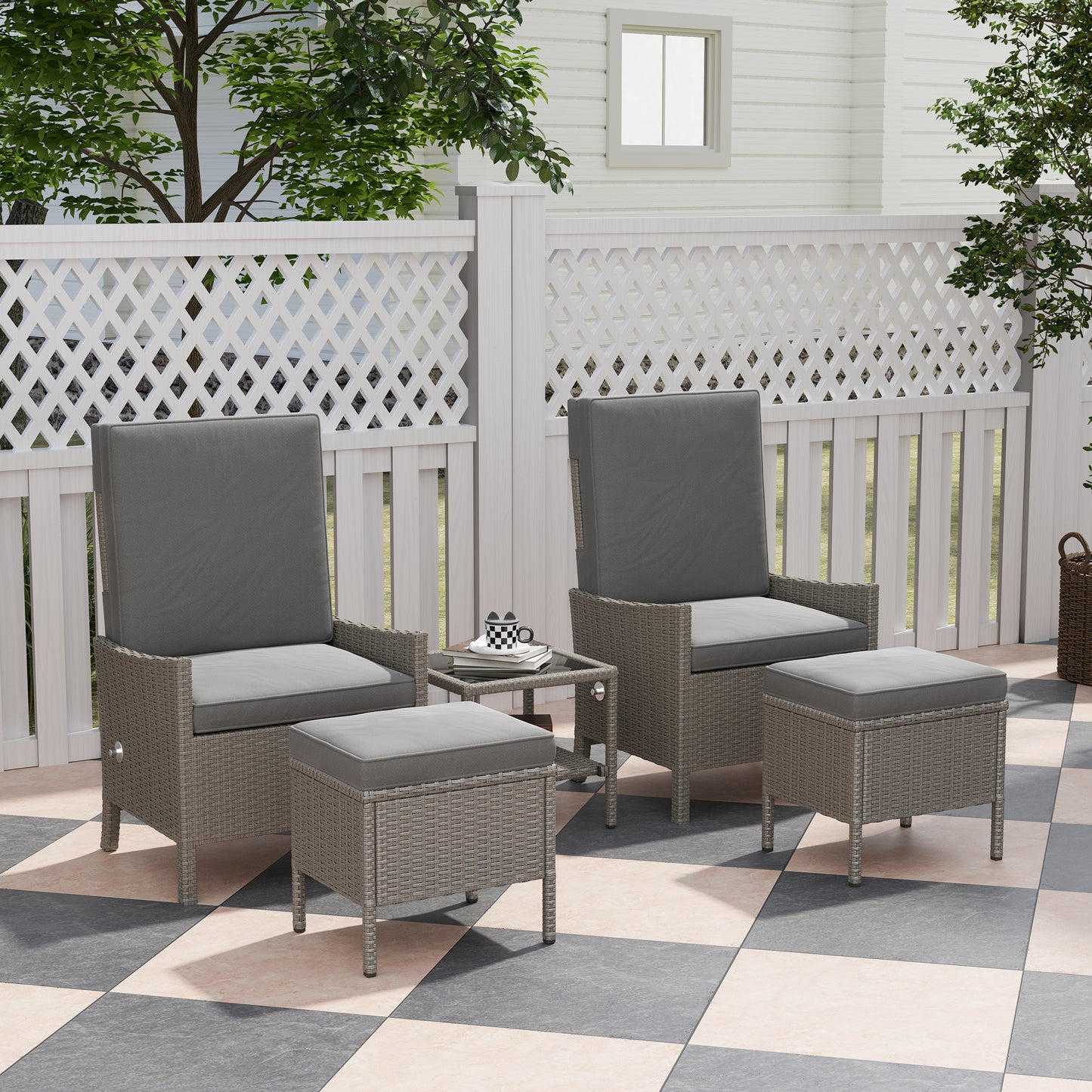 5 Piece Rattan Garden Furniture Set, Wicker Patio Sofa Set with 2 Armchairs, 2 Footstools, Glass Top Coffee Table with Shelf