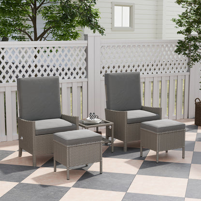 5 Piece Rattan Garden Furniture Set, Wicker Patio Sofa Set with 2 Armchairs, 2 Footstools, Glass Top Coffee Table with Shelf