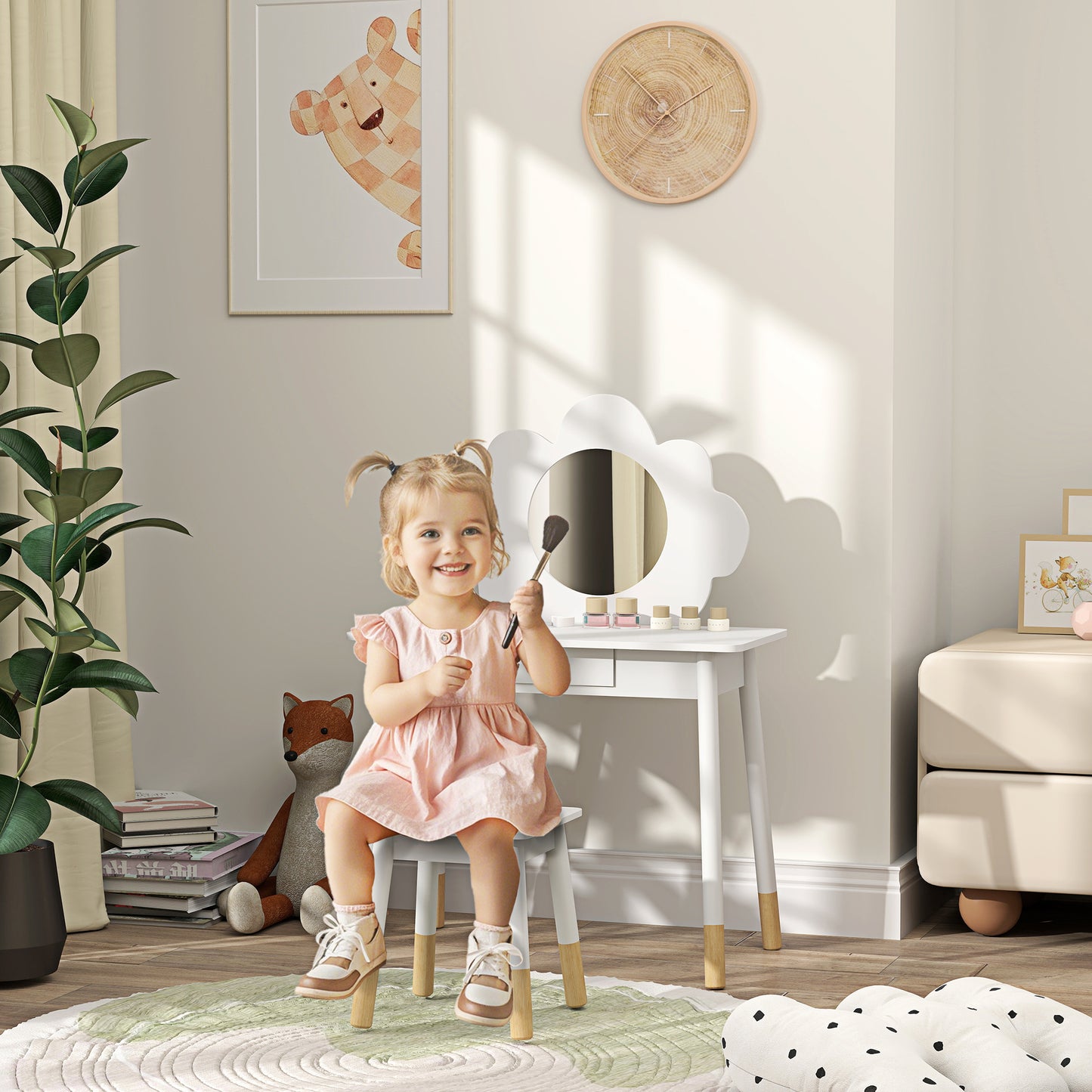 Kids Dressing Table with Mirror, Stool, Drawer, Cloud Design, White