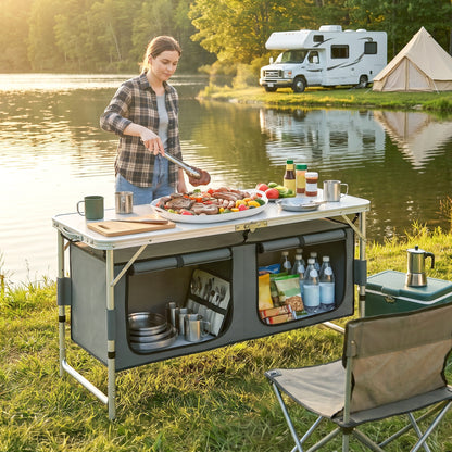 4ft Folding Camping Cupboard Kitchen, Height Adjustable Aluminium Camping Table with Storage