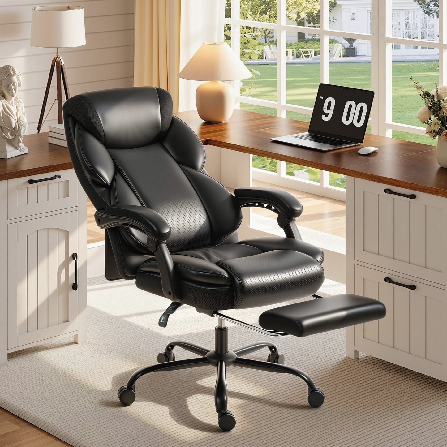 Adjustable Office Chair Reclining Computer Desk Chair with Footrest, Armrest, Casters, Black