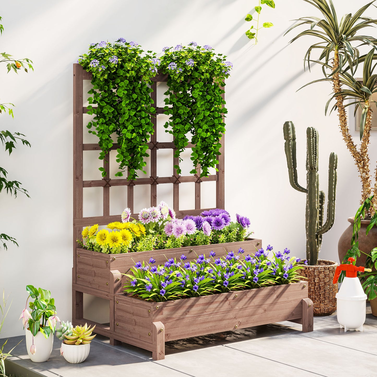 2-Tier Raised Garden Bed with Trellis, Wooden Elevated Planter Box with Drainage Holes