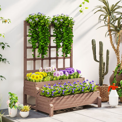 2-Tier Raised Garden Bed with Trellis, Wooden Elevated Planter Box with Drainage Holes