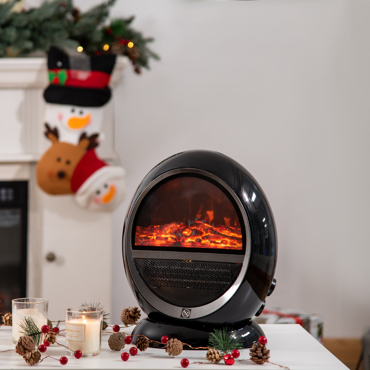 Freestanding Electric Fireplace Indoor Space Table Top Heater with Realistic Flame Effect, Rotatable Head