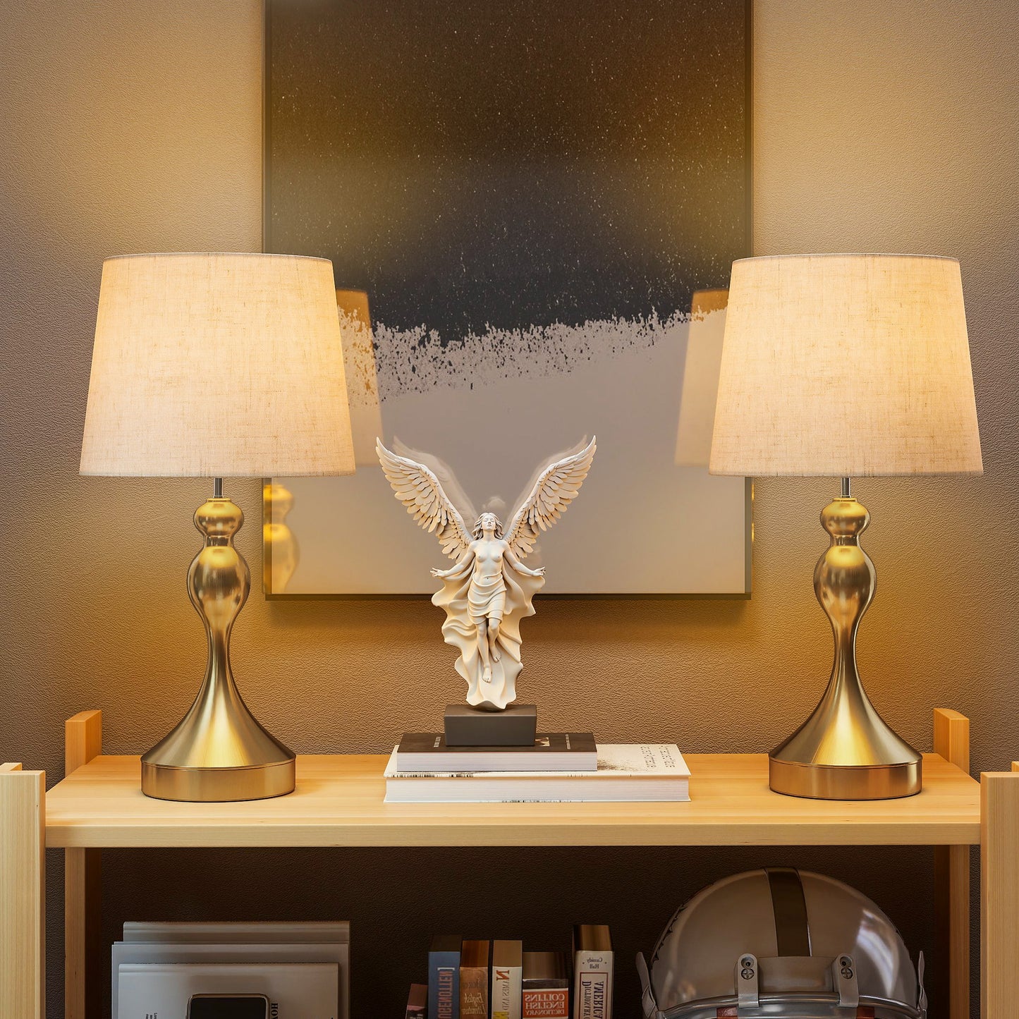 Set of Two Three-Colour Lamps, with USB Ports - Gold Tone