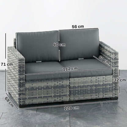 2 Seater Rattan Sofa, Outdoor Garden Sofa with Deep Seat, Cushions, Wide Armrests for Patio, Balcony, Porch, Mixed Grey