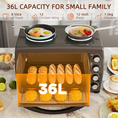 36L Small Oven with 2 Hot Plates, Countertop Toaster Oven, Grill, Roast, Bake, Boil, with Timer, Adjustable Temperature