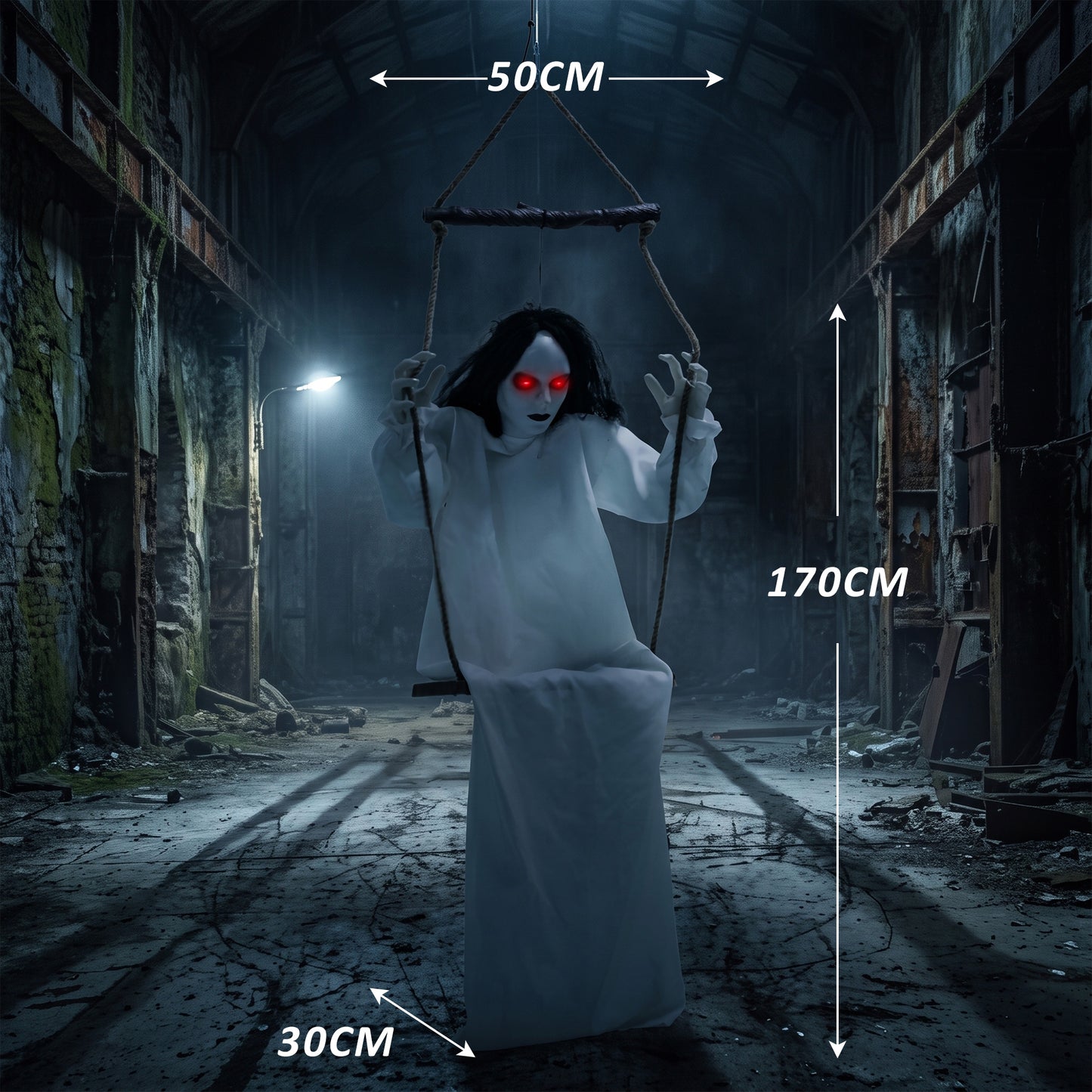 170cm Animated Hanging Swing Ghost Halloween Decoration, Sound Touch Activated Ghost Halloween Animatronic