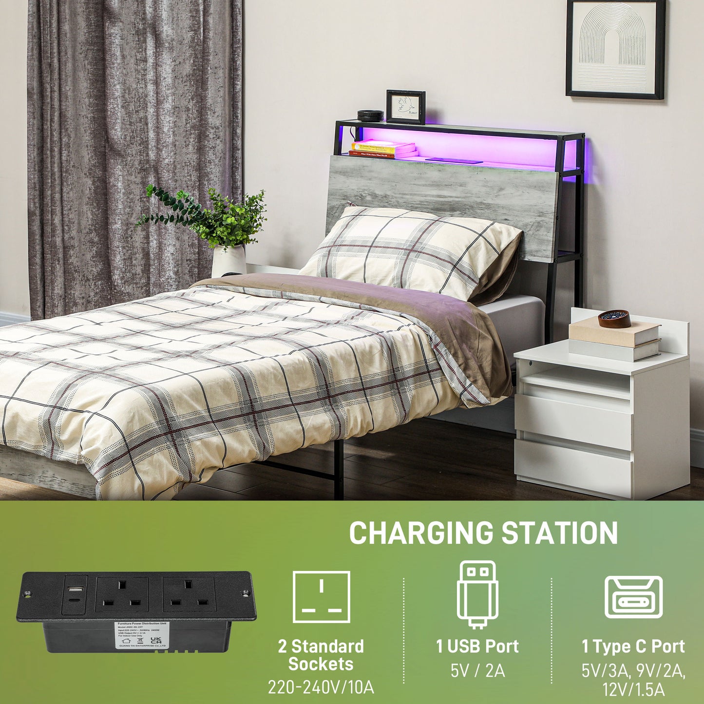 Single Steel Bed Frame, with LED Lights and Shelf - Grey