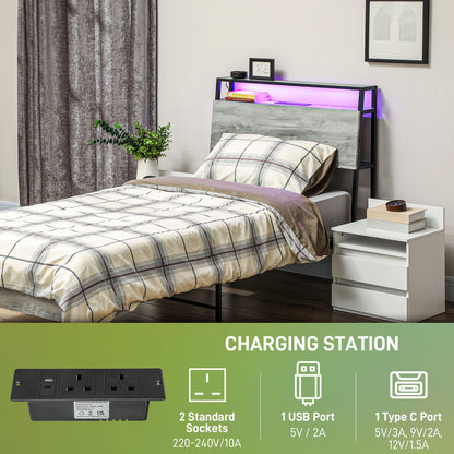 Single Steel Bed Frame, with LED Lights and Shelf - Grey