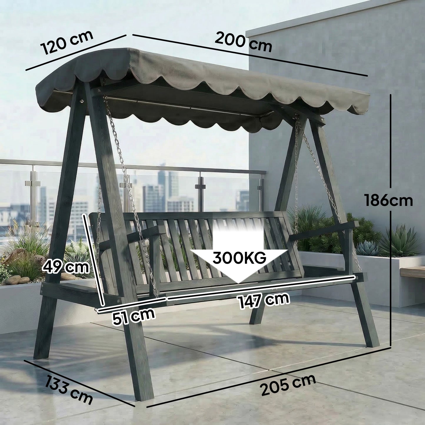 3 Seater Garden Swing Seat with Canopy, Wooden Swing Chair, Outdoor Hammock Bench for Balcony Patio Porch, Grey