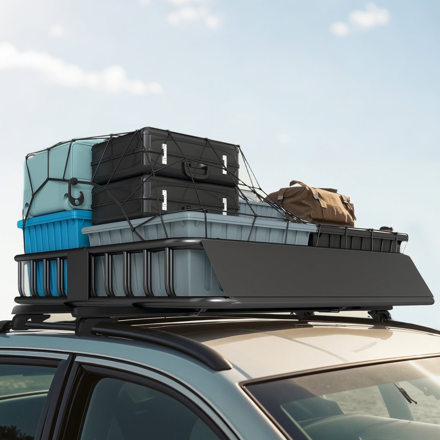 Universal Roof Rack Basket Tray, 90.7 kg Steel Car Rooftop Luggage Cargo Carrier Holder with Wind Fairing
