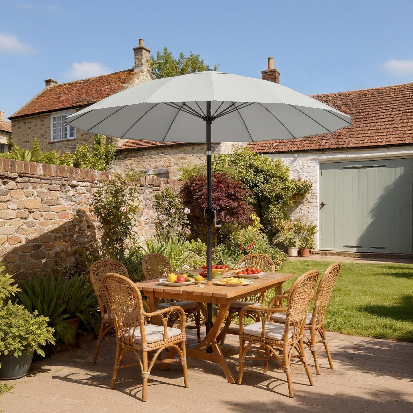 2 m Shanghai Garden Parasol Umbrella with 16 Fibreglass Ribs, Outdoor Parasol Sun Shade with Crank & Tilt, Light Grey