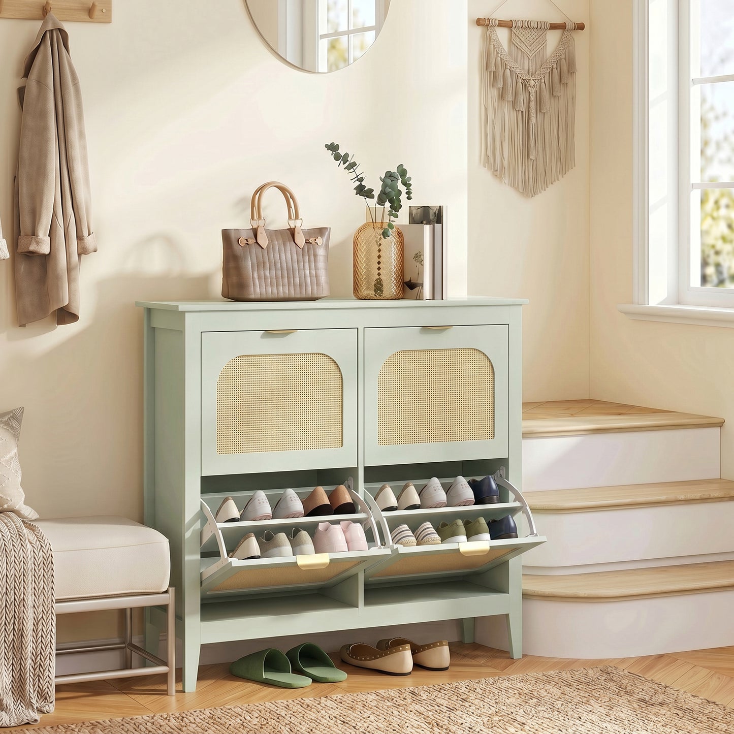 Narrow Shoe Cabinet, Boho Slim Shoe Storage Cabinet with 4 Flip Drawers, Holds 20 Pairs, Light Green