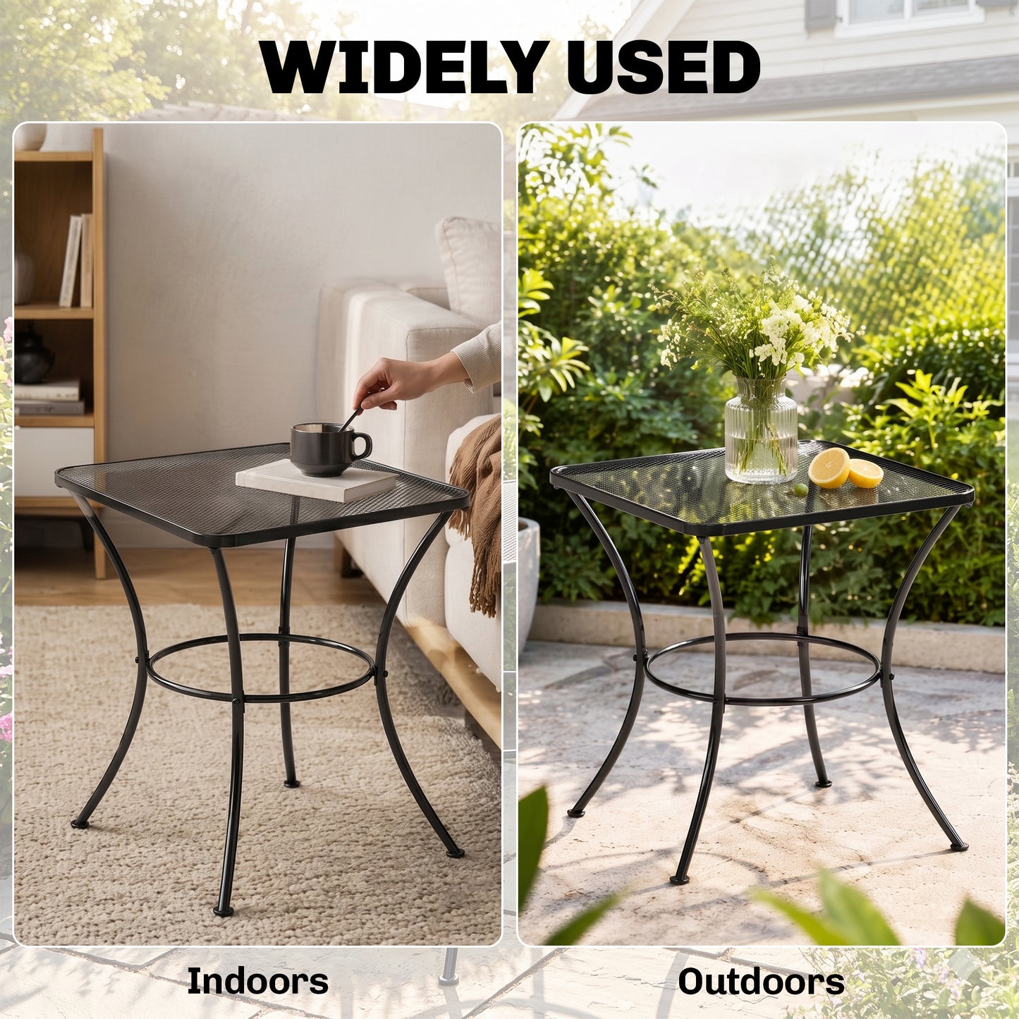 60cm Square Garden Table, Outdoor Metal Bistro Side Desk with Mesh Top, Black