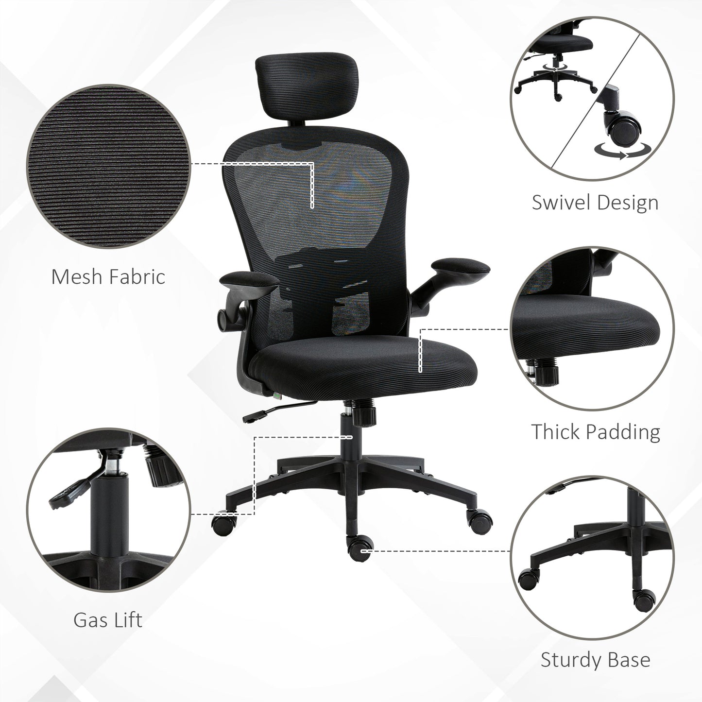 Multi-Adjustable Office Chair, with Lumbar Support, Headrest and Mesh Back - Black