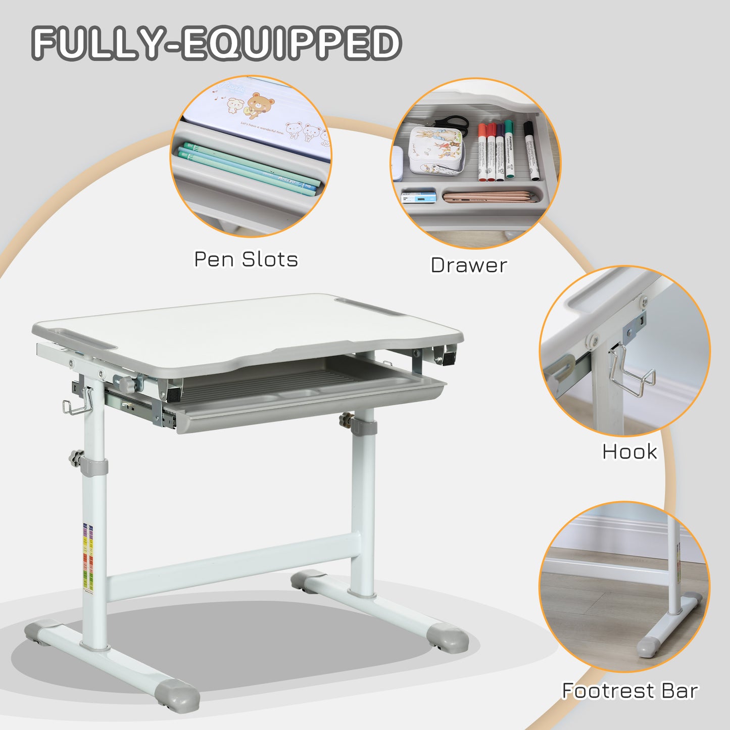 Kids Desk and Chair Set, Student Adjustable Writing Desk, with Drawer, Pen Slot, Hook - Grey