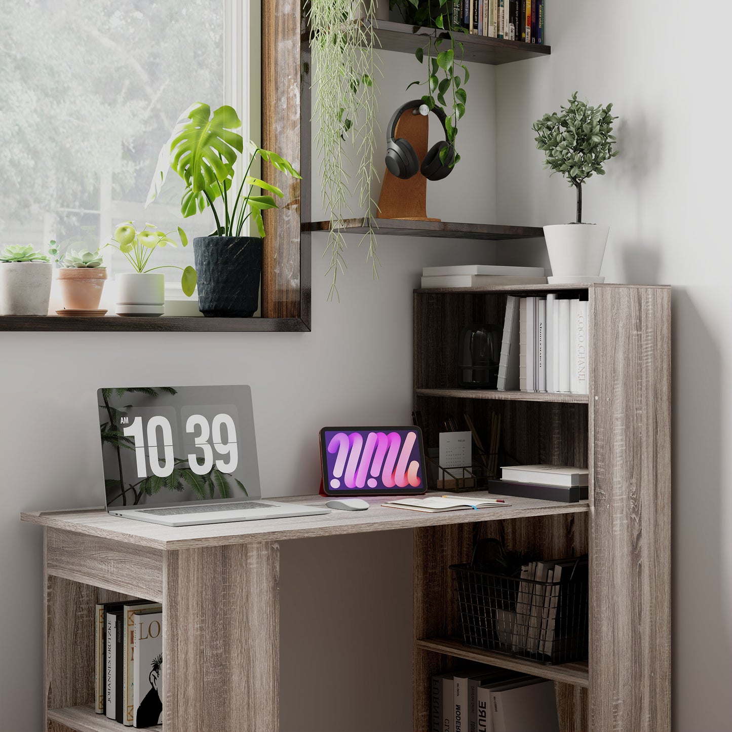 120cm Computer Desk, Wooden PC Laptop Table with 6-Tier Storage Bookshelves, Home Office Working Study Desk