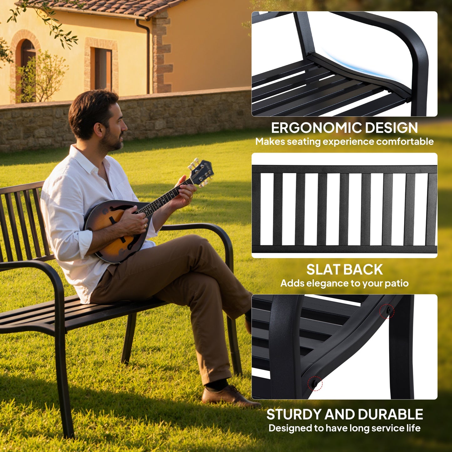 Metal Garden Bench Loveseat with Slatted Seat, Black