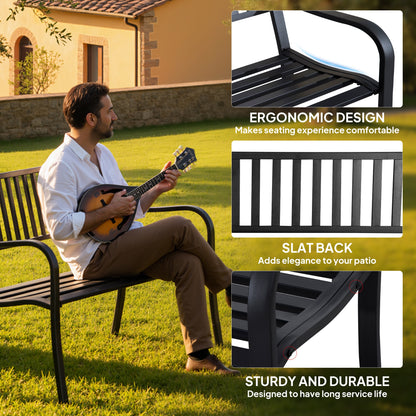 Metal Garden Bench Loveseat with Slatted Seat, Black