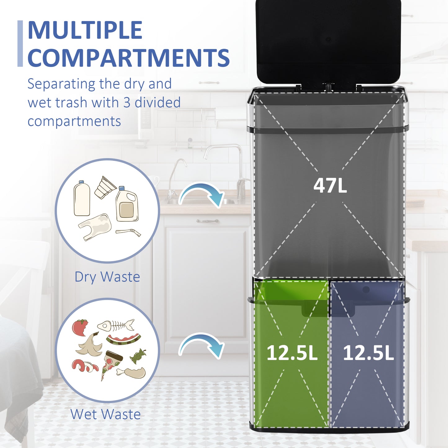 72L Recycling Sensor Bin Stainless Steel 3 Compartments For Both Wet/Dry Waste w/Removable Lid Kitchen Home