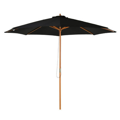 3(m) Garden Parasol, Pulley Operated Patio Umbrella, Wooden Table Market Umbrella with Rope Pulley Mechanism and 8 Ribs