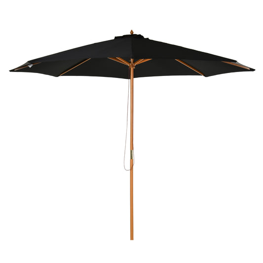 3(m) Garden Parasol, Pulley Operated Patio Umbrella, Wooden Table Market Umbrella with Rope Pulley Mechanism and 8 Ribs