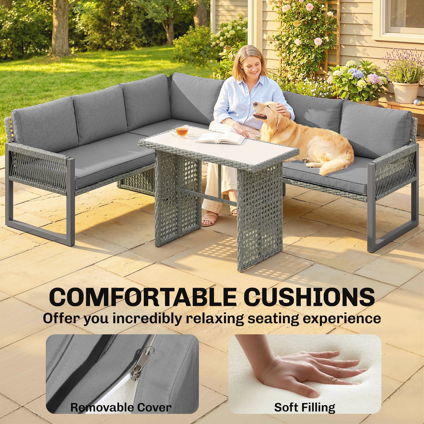 6 Seater Rattan Garden Furniture Set with 3 Loveseats, Table, Patio Rattan Corner Sofa Set, Grey