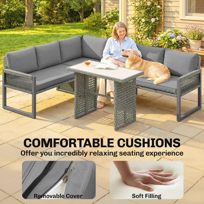 6 Seater Rattan Garden Furniture Set with 3 Loveseats, Table, Patio Rattan Corner Sofa Set, Grey