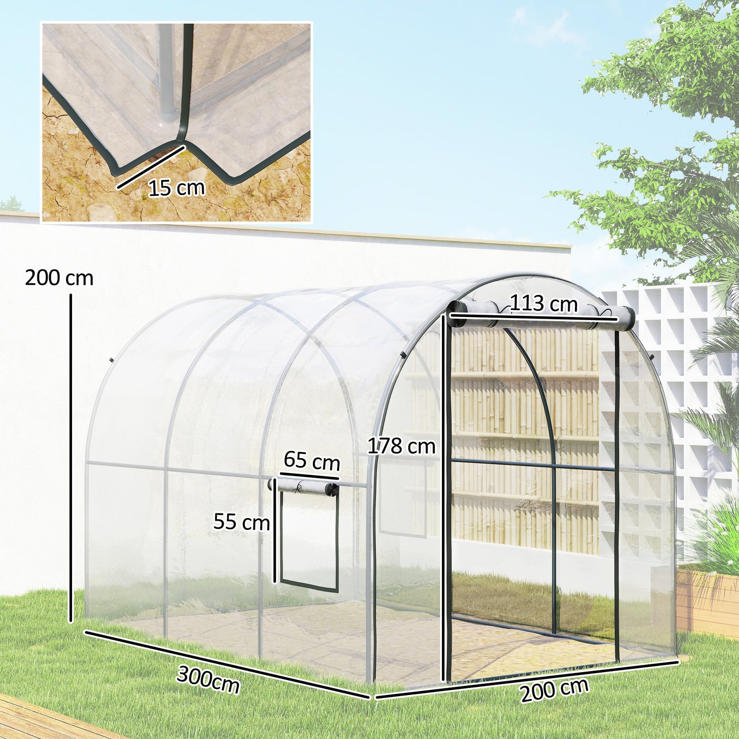 Polytunnel Greenhouse Walk-in Grow House with Plasric Cover, Door, Mesh Window and Steel Frame, 3 x 2 x 2m, Clear