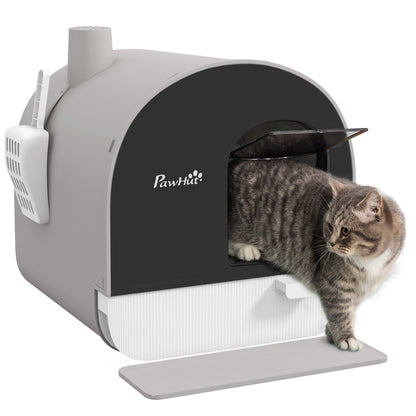 Hooded Cat Litter Box, Kitten Litter Tray, with Lid, Scoop, Filter, Flap Door, Light Grey
