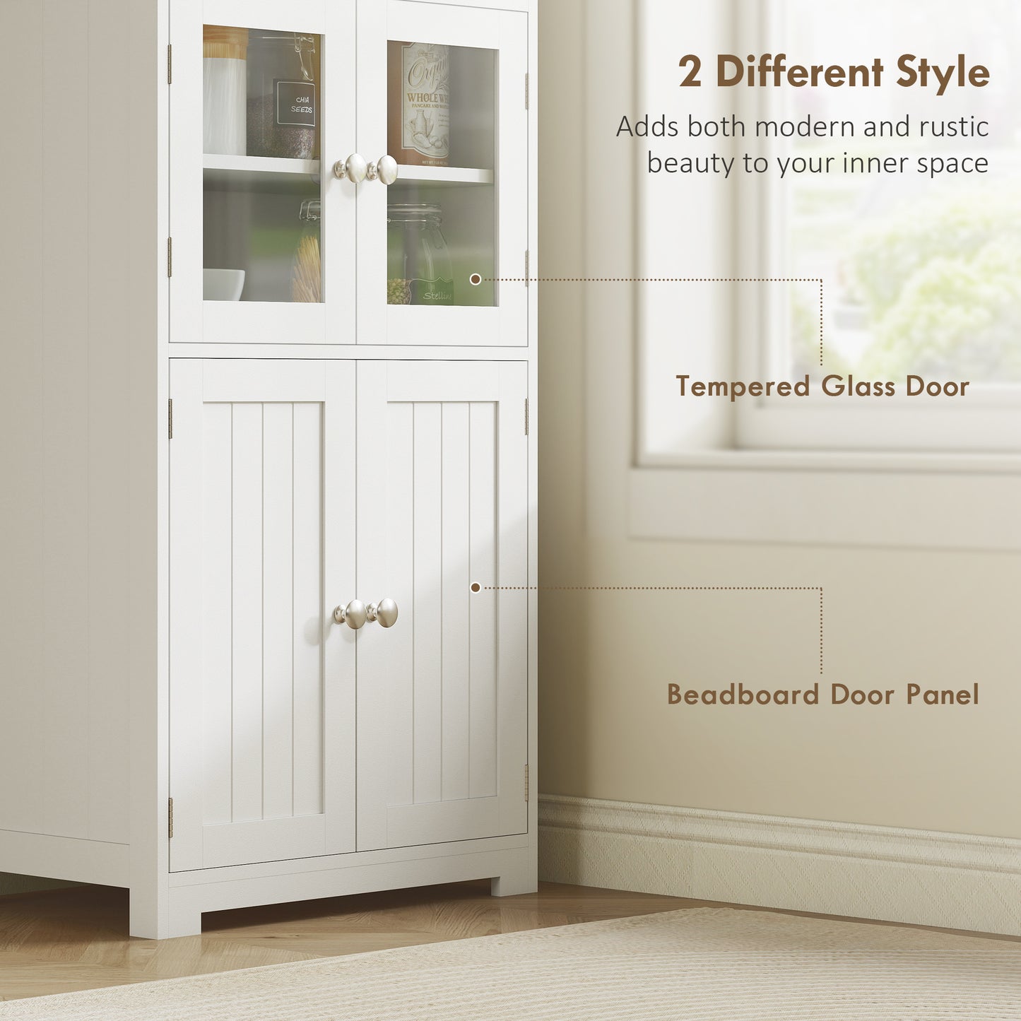 Freestanding Kitchen Cupboard, 4-Door Storage Cabinet with Adjustable Shelf and Glass Doors for Dining Room, Living Room