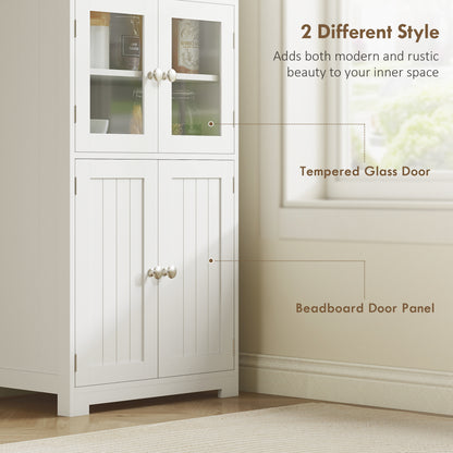 Freestanding Kitchen Cupboard, 4-Door Storage Cabinet with Adjustable Shelf and Glass Doors for Dining Room, Living Room