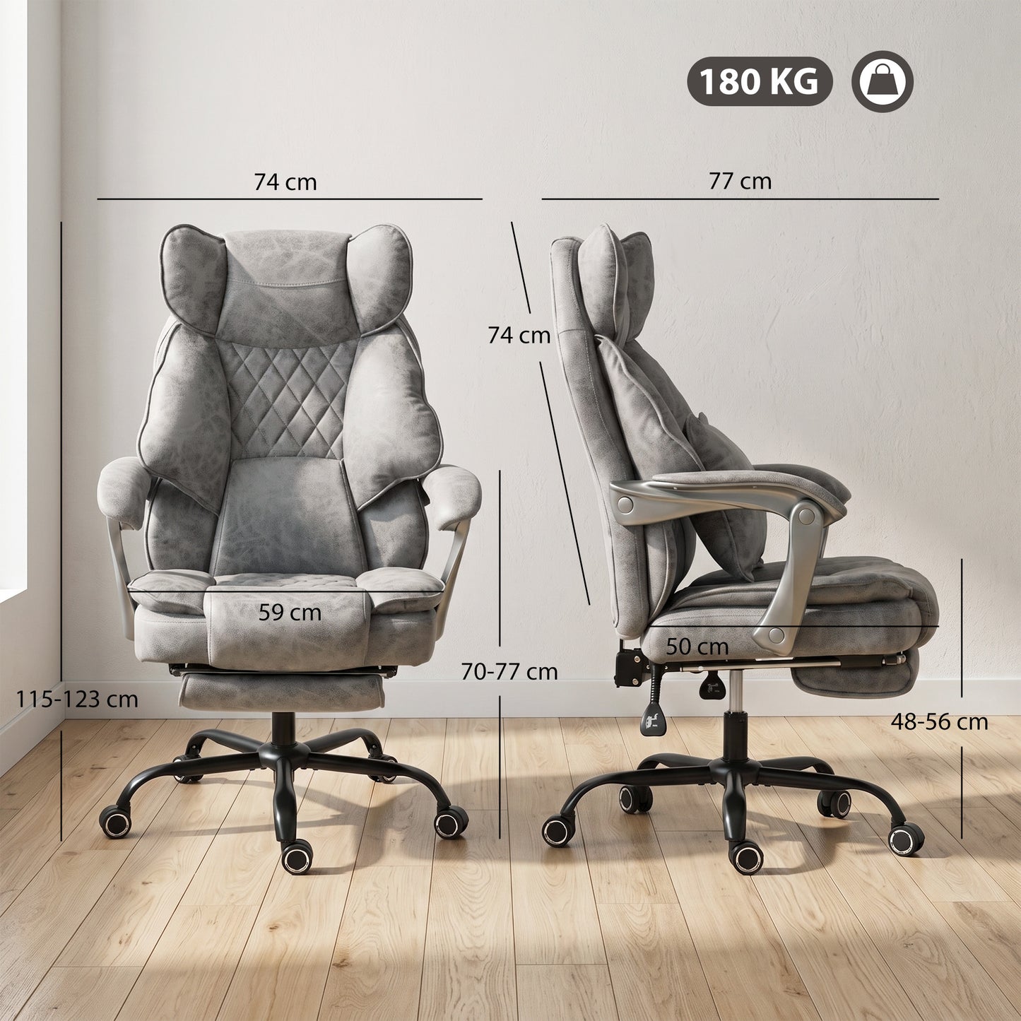 Executive Office Chair, Leathaire Big and Tall Office Chair 180 kg with Wide Seat, Reclining, Lumbar Support, Grey