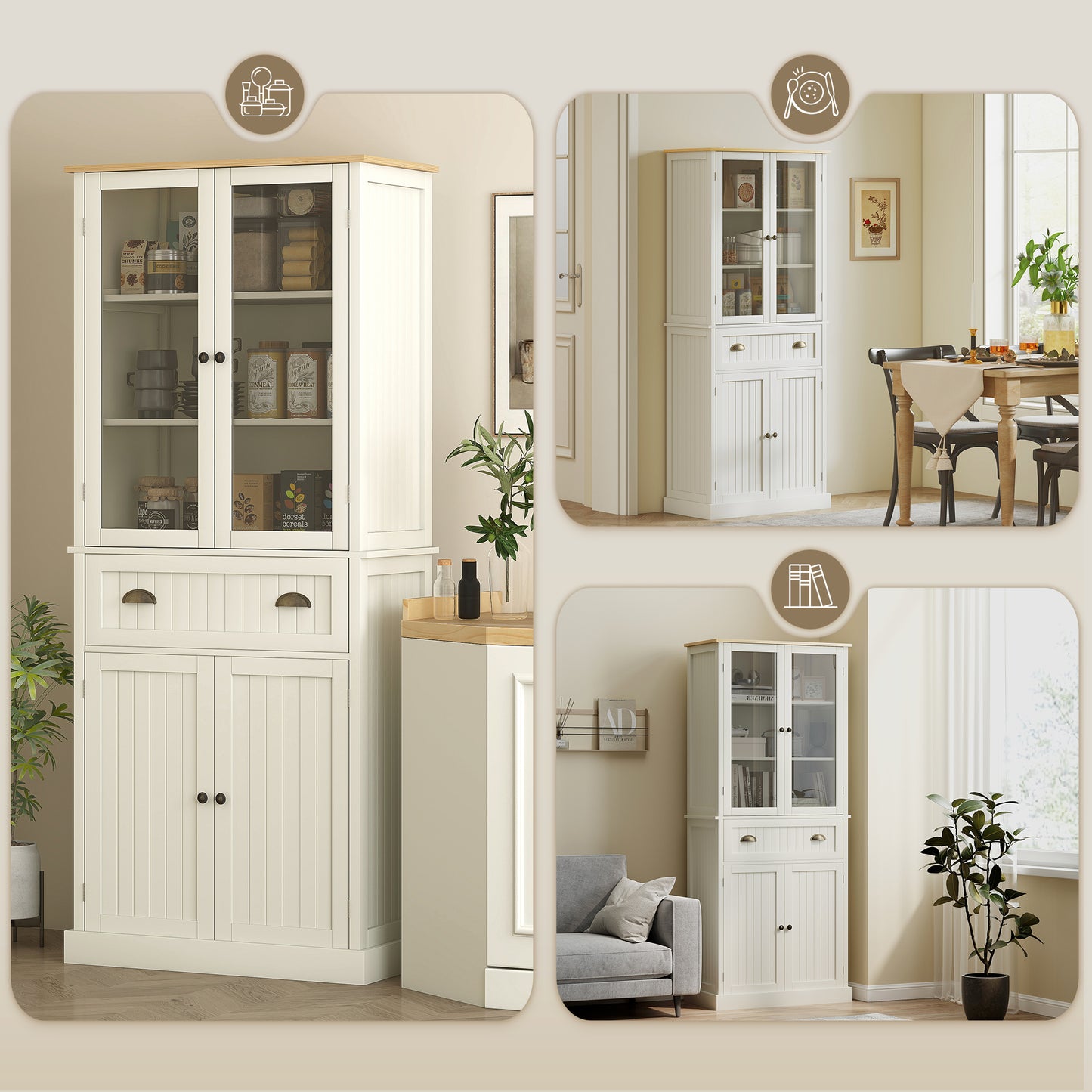 Freestanding Kitchen Cupboard, 5-tier Storage Cabinet with Adjustable Shelves and Drawer, Cream White