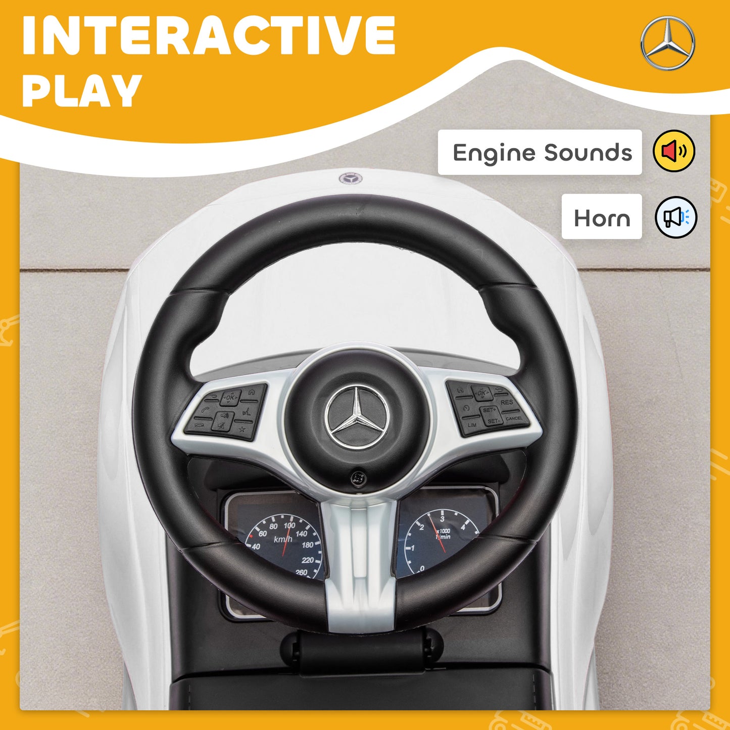 Official Mercedes-Benz Ride On Car, Foot to Floor Sliding Walker with Horn, Engine Sounds and Under-Seat Storage, White