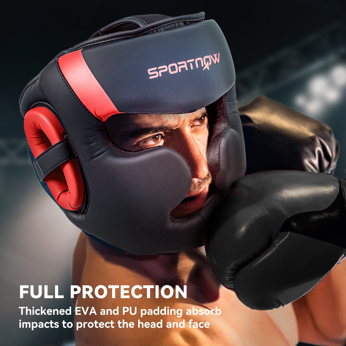 Boxing Headguard w/ Adjustable Strap for Sparring, Kickboxing, MMA, Red/Black