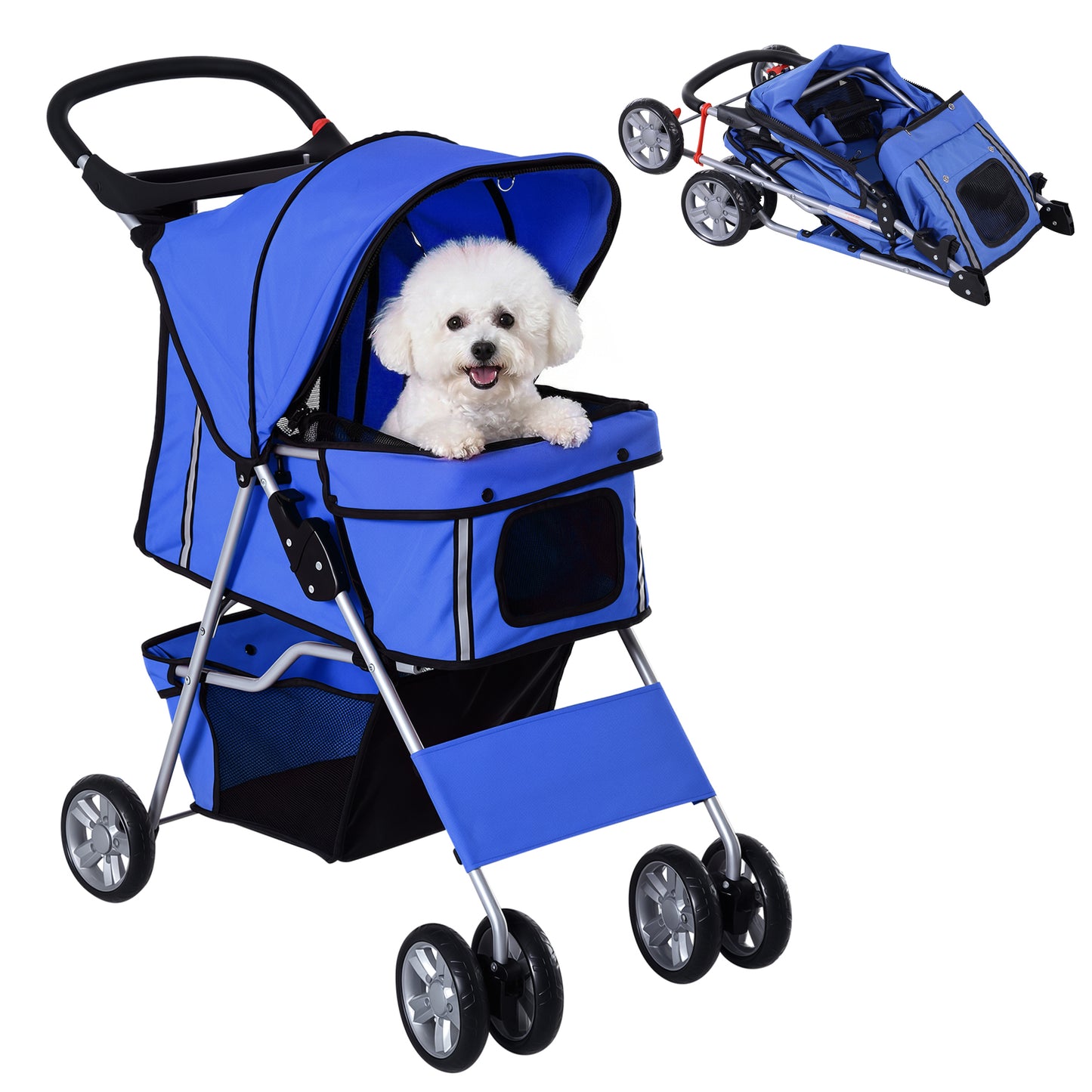 Pet Stroller for Small Miniature Dogs Cats Foldable Travel Carriage with Wheels Zipper Entry Cup Holder Storage Basket Blue