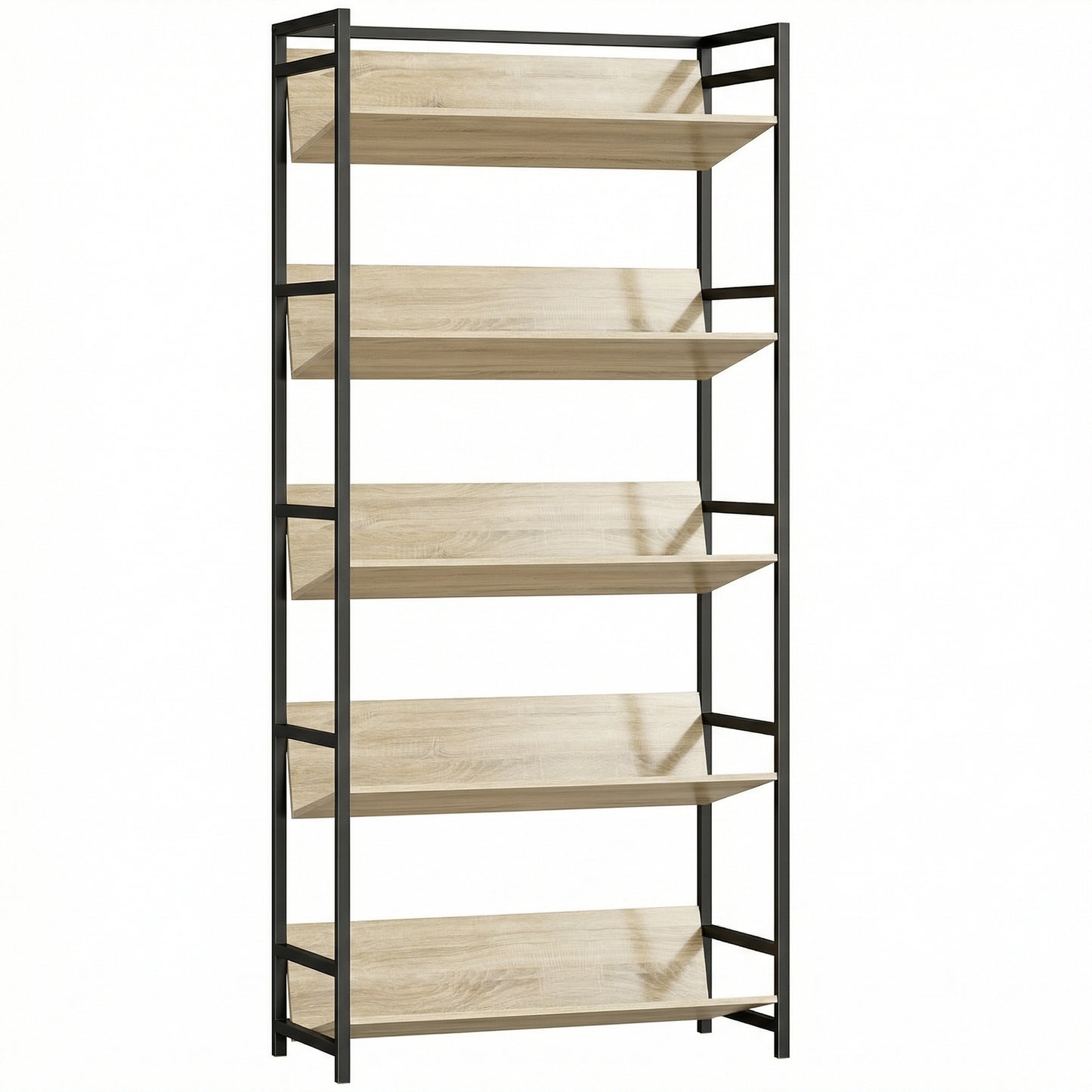 Bookshelf 5-Tier Metal Frame Bookcase Storage Shelves for Living Room Oak