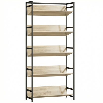 Bookshelf 5-Tier Metal Frame Bookcase Storage Shelves for Living Room Oak